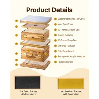 VEVOR Bienenstock, 20 Rahmen, Bienenbeute Zander, mit Bienenwachs beschichtetes Tannenholz, 1 tiefer + 1 mittlerer Bienenkasten, Langstroth-Bienenstock-Set, transparente Acrylfenster mit Fundamenten VEVOR Bienenstock, 20 Rahmen, Bienenbeute Zander, mit Bienenwachs beschichtetes Tannenholz, 1 tiefer + 1 mittlerer Bienenkasten, Langstroth-Bienenstock-Set, transparente Acrylfenster mit Fundamenten
