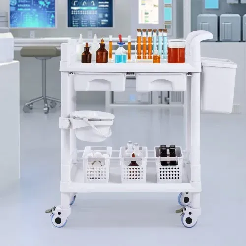 VEVOR Laborwagen mit 2 Ebenen, Laborwagen mit 2 Ablagen, 2 Schubladen und 4 leisen Rädern, mobiler medizinischer Wagen aus PP-Material, Laborrollwagen mit 3 Mülleimern für Labor, Klinik, Krankenhaus, Salon, weiß – Bild 7