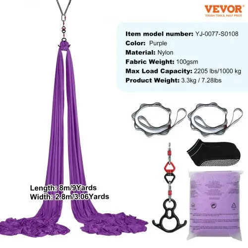 VEVOR Aerial Yoga Hängematte Set 8 x 2,8 m, Lila Aerial Yoga Swing Air Fliegen, Indoor Aerial Yoga Hammock Swing 1000 kg Max. Tragfähigkeit, inkl. Yoga-Socken & Stahlkarabiner & Alu-Drehgelenk – Bild 6