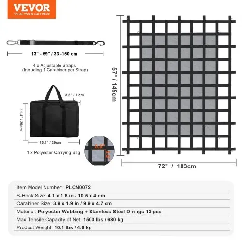 VEVOR Frachtnetz, 183 x 145 cm, LKW-Ladeflächennetz, 4 verstellbare Gurte mit Karabinern & S-Haken, Transportnetz verschleißfest & wetterfest, Gepäcknetz geeignet für Pickup, LKW, Jeep, SUV, Boot – Bild 6