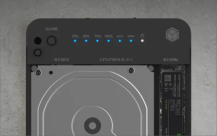 ICY BOX IB-2915MSCL-C31, Docking & CloneStation für M.2 NVMe & M.2 SATA SSD & 2.5”/3.5” SATA SSD/HDD, Zweiwege klonen, USB 3.2 Gen 2 Type-C®/Type-A, schwarz – Bild 7