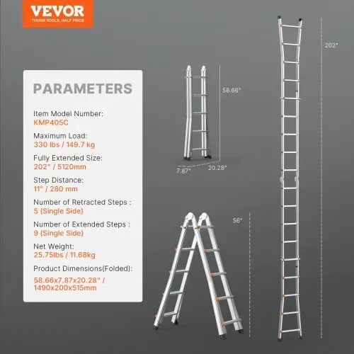 VEVOR Teleskopleiter mit A-Rahmen, 5120 mm, kompakte Aluminium-Ausziehleiter, multifunktionale, zusammenklappbare Wohnmobilleiter, für Hausaufgaben, Treppen, Innen- und Außendächer, 150 kg Tragkraft – Bild 6