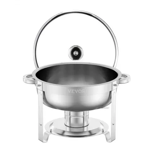 VEVOR Chafing Dish Buffet Speisenwärmer mit 2 Behältern in voller Größe (4,7 L pro), runder Catering-Wärmespender mit Glasdeckel & Wasserpfanne & klappbarer Ständer, für Buffet Partys Silber – Bild 10