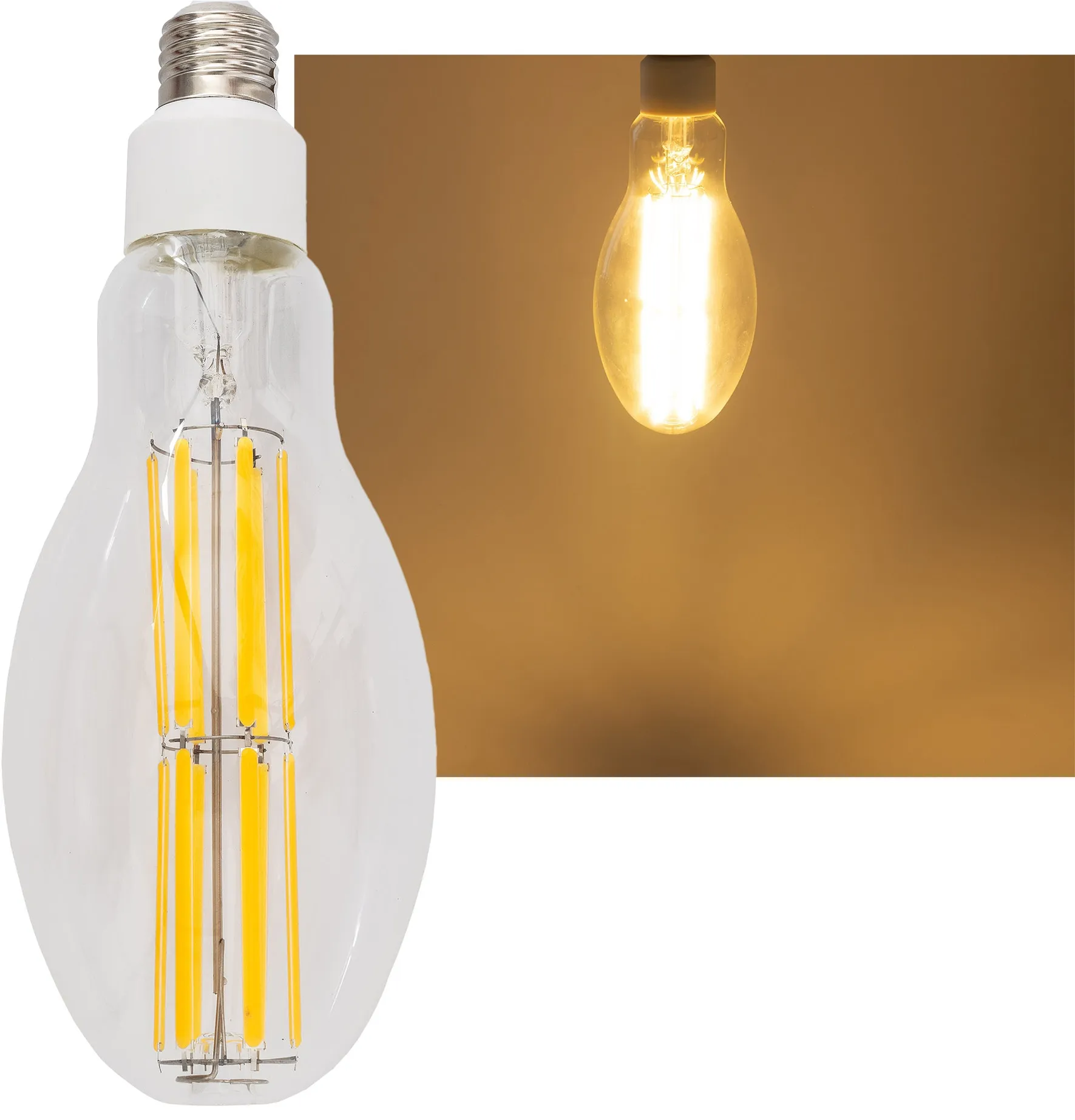 LED Filament-Lampe E27 30W „FHE-30“ 4575lm, 2700K, warmweiß, ØxH 9x24cm LED Filament-Lampe E27 30W „FHE-30“ 4575lm, 2700K, warmweiß, ØxH 9x24cm