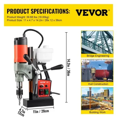 VEVOR 1200 W Magnetbohrer Magnetbohrmaschine 13000 N Elektrische Kernbohrmaschine Industrielle Bohrmaschine 580 RPM mit variabler Geschwindigkeit für alle Oberflächen und Heimwerkerarbeiten – Bild 6