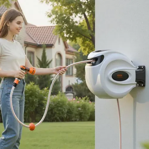 VEVOR Schlauchtrommel Wasser 35mx12mm mit Wandhalterung Tragegriff Schlauchaufroller mit 9-Muster-Sprühdüse & Gartenschlauch 180° Schwenkbar Wand-Schlauchbox mit Aufroll-Automatik Gießen Autowaschen – Bild 7