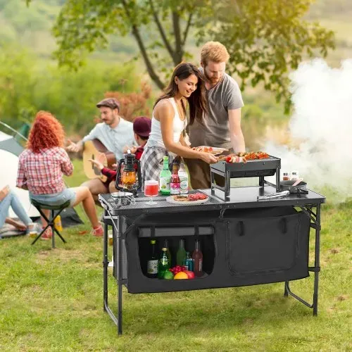 VEVOR Camping Küchentisch klappbarer Kochtisch Outdoor, 3-fach höhenverstellbar, tragbare Kochstation aus Aluminium mit Organizer & Tragegriff, für Grillpartys Picknicks Wohnmobilreisen Schwarz – Bild 7