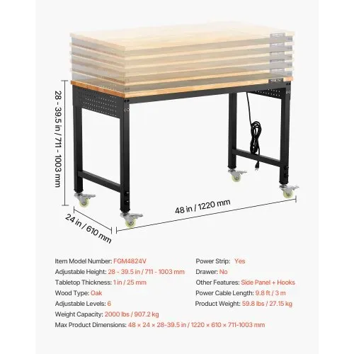 VEVOR Werkbank 1220x610x711-1003mm, 907 Tragkraft, Werkbank mit Steckdose, Rädern und Stecktafel, robuster Arbeitstisch mit Eichenholzplatte für Garage, Werkstatt, Büro und Zuhause – Bild 6