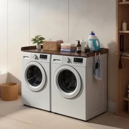 VEVOR Arbeitsplatte für Waschmaschine & Trockner (137 x 69,9 cm) mit Erhöhtem Rand & Haken, zur Organisation und Aufbewahrung im Wäscheschrank Speisekammer Küchentheke, 113 kg Belastbar, Braun – Bild 7