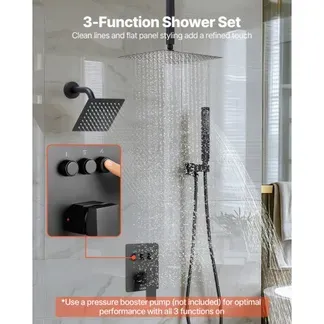 VEVOR Duschsystem-Set inkl. 10 Zoll Regenduschsystem / 6 Zoll Wandmontagekopf / 2 in 1 Handbrause, drehbarer Doppelregenkopf (3 Funktionen), Messingventil und Verkleidungssatz, Mattschwarz VEVOR Duschsystem-Set inkl. 10 Zoll Regenduschsystem / 6 Zoll Wandmontagekopf / 2 in 1 Handbrause, drehbarer Doppelregenkopf (3 Funktionen), Messingventil und Verkleidungssatz, Mattschwarz