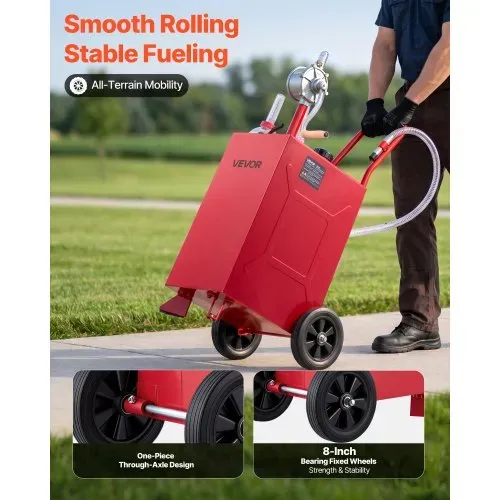 VEVOR 56,8L Kraftstofftrolley Mobile Tankanlage mit Manueller Pumpe Rot, Kohlenstoffstahl, Mit 2 Rollen & 3m Förderschlauch, Max. 17,8L/min Durchfluss, Benzin & Diesel, Ideal für ATV UTV Motorrad – Bild 3