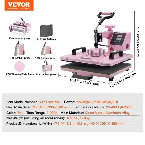 VEVOR Hitzepresse Transferpresse 30x38cm 8 in 1 Tumbler Presse T-Shirts Rosa – Bild 6