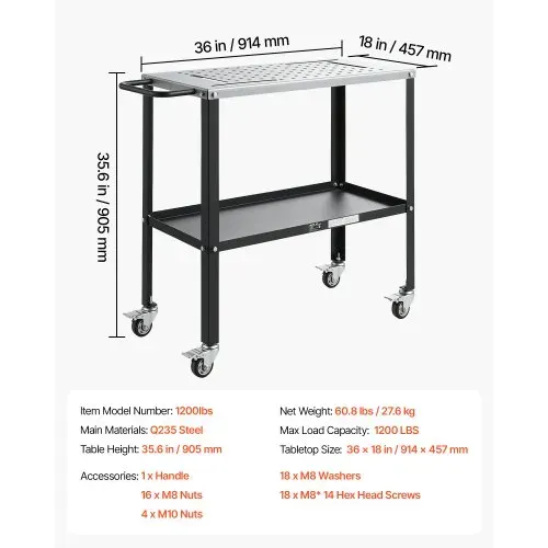 VEVOR Mobiler Schweißtisch 914x457mm Schweißwerkbank mit 544kg Tragkraft, Werktisch aus Stahl für Werkstatt Garage Baustelle, mit 4 Werkzeugschlitzen 4 Rollen 16mm Befestigungslöchern Werkzeugablage – Bild 6