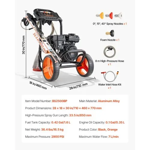 VEVOR Benzin Hochdruckreiniger 200 bar, Terrassenreinger 7 L/min, Aluminiumpumpe mit Spritzpistole, Lanze & 4 Düsen, Benzinreiniger für Autos, Zäune, Einfahrten, Häuser, Terrassen & Gartenmöbel – Bild 6