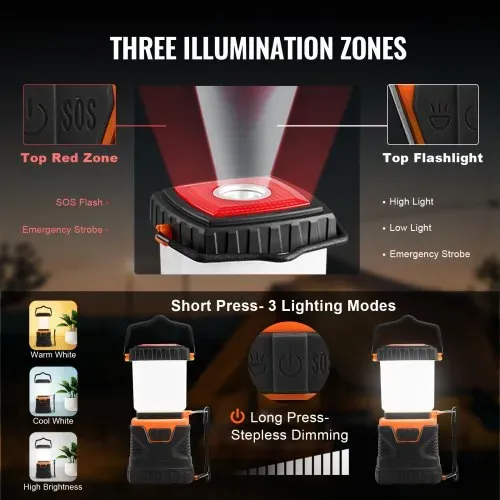 VEVOR LED-Campinglaterne, 1000 lm, 360°-Beleuchtung, 4 Beleuchtungsmodi, batteriebetriebene Campinglampe, Taschenlampe für den Außenbereich, ideal zum Wandern, Angeln, Stromausfälle & Reparaturen – Bild 3