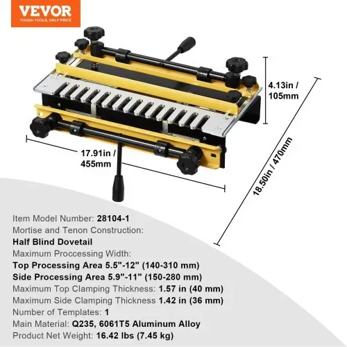 VEVOR Zinkenfräsmaschine 31 cm Breit, Zinkenfrässchablone mit Fräser & 12,7-mm-Schablone, Präzise Ausrichtung, Zapfen- & Zapfenschneidvorrichtung, Werkzeug für Möbel- & Schrankherstellung – Bild 6