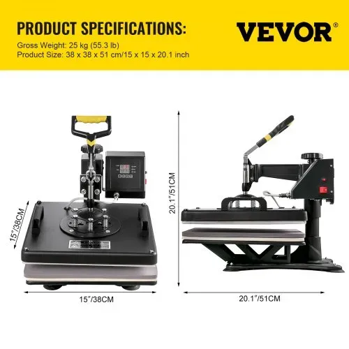 VEVOR 8 in 1 Heißpresse Transferpresse für Textiltransferpresse Textilpresse mit Plattenpresse von 38 x 38 cm Textildruckpresse von 1000 w Geeignet für – Bild 4