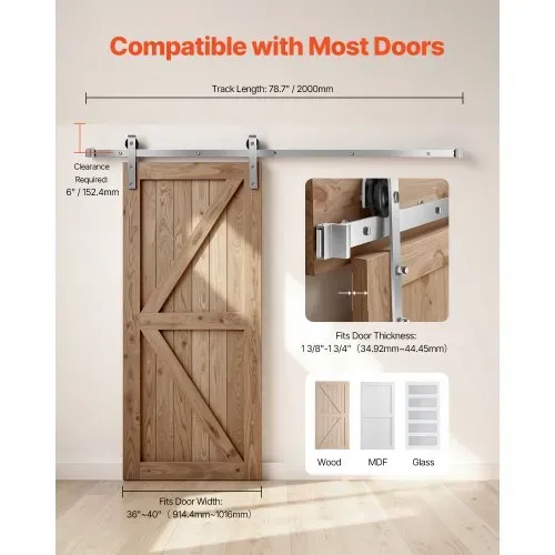 VEVOR Schiebetürsystem 2 m Laufschiene, Schiebetürbeschlag, Tragkraft 150 kg, kompatibel mit 91 bis 101,6 cm Breite & 34,92 mm bis 44,45 mm Dicke, langlebige Schiene & J-förmige Rolle – Bild 5