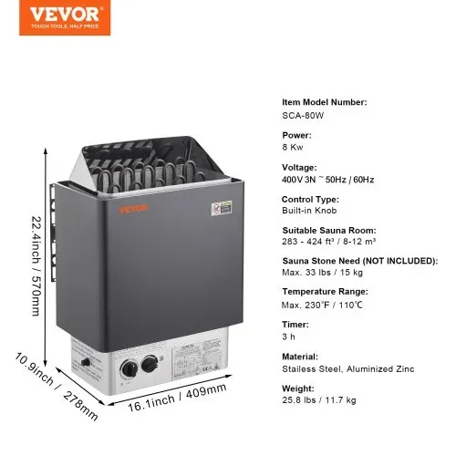 VEVOR Saunaofen, 8 kW, 400 V, 3N tragbare Saunaheizung für drinnen & draußen mit 3-Stunden-Timer, integrierte Steuerung für 8–12 m³, gewerbliche Nutzung in der Spa-Dusche von Hotels, max. 110 °C – Bild 6