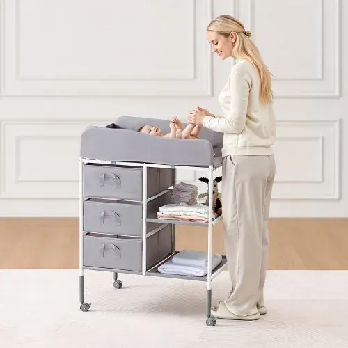 VEVOR Wickeltisch tragbare Wickelstation mit 3 Stoffschubladen & feststellbaren Rädern, höhenverstellbarer multifunktionaler Baby-Wickelkombi mit Aufbewahrungs-Organizer fürs Kinderzimmer Grau – Bild 7