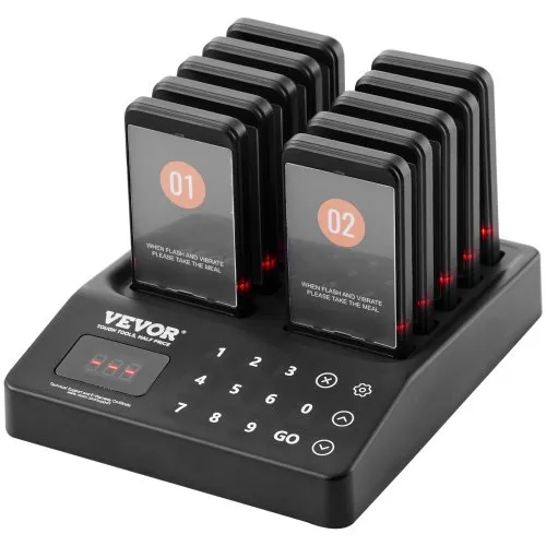VEVOR Restaurant-Pager-System, Kabelloses Warteschlangensignal mit 400 m Reichweite, Piepser zur Rufannahme von Gästen mit Vibration und Blinken, 10 Pager für Imbisswagen, Kirche, Kindergarten VEVOR Restaurant-Pager-System, Kabelloses Warteschlangensignal mit 400 m Reichweite, Piepser zur Rufannahme von Gästen mit Vibration und Blinken, 10 Pager für Imbisswagen, Kirche, Kindergarten