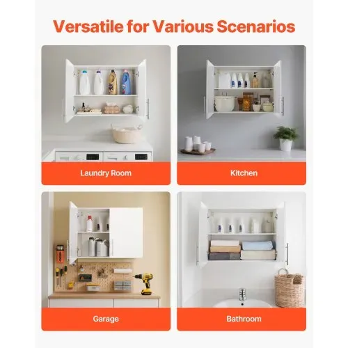VEVOR Wandschrank für Waschküche, 2-stöckiger Wandhängeschrank mit verstellbarer Ablage, Küchenschrank mit 2 Türen, für Küche Bad Wäscherei, 40,6 x 81,3 x 61 cm (T x B x H), Oberschrank Weiß – Bild 6