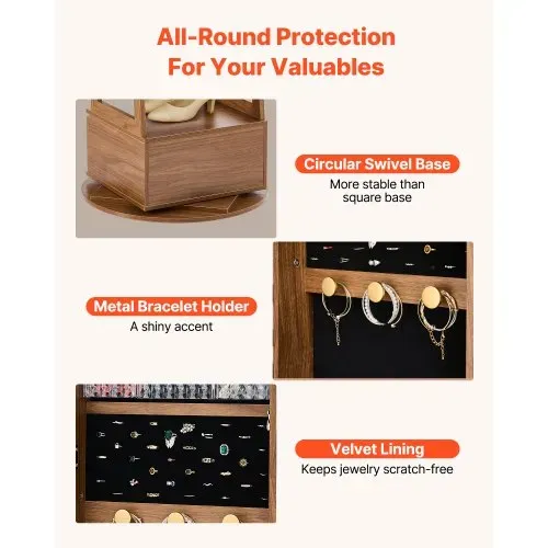 VEVOR 360° drehbarer Schmuckschrank (1655 mm hoch) mit Ganzkörperspiegel mit Stauraum, Schmuckschrank-Organizer mit 2 Schlüsseln & Zubehörtaschen & Ablagefächer & Schubladen, Schmuckaufbewahrung – Bild 3