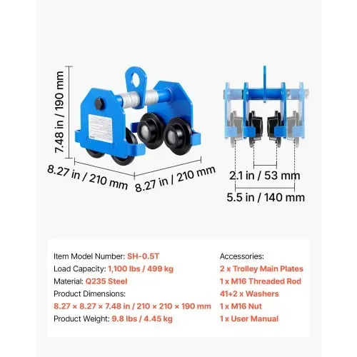 VEVOR Laufkatze mit 499 kg Tragkraft Manuelles Rollfahrwerk für I-Träger, Krankatze für Werkstatt Lager Fabrik, 53-140 mm Verstellbare Flanschbreite, 80 mm Doppelräder, Kohlenstoffstahlkonstruktion – Bild 6