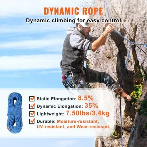VEVOR 10,2 mm dynamisches Kletterseil, 50 m (164 Fuß) Outdoor-Kletterseil, 25 kN Bruchspannung, dehnbares Faserseil mit Stahlkarabinerhaken für Flucht, Abseilen, Brandrettung, Blau – Bild 4