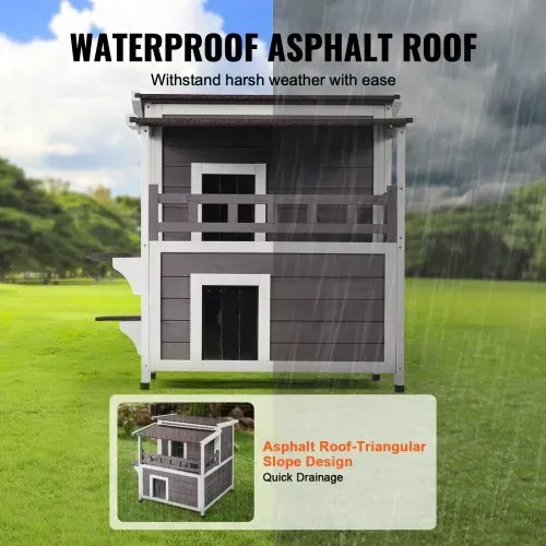 VEVOR Katzenhaus für draußen, wetterfest, Unterschlupf für Wildkatzen für mehrere Katzen, großes 2-stöckiges Katzenhaus aus Holz für draußen mit Balkon, Türen, PVC-Türklappen und offenem Dach, 76,2 cm L x 76,2 cm B x 81,3 cm H – Bild 2