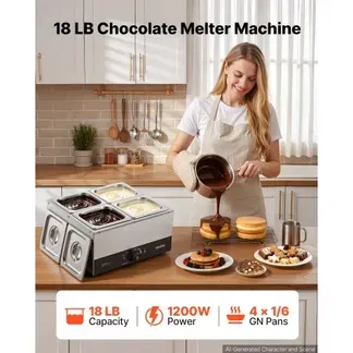 VEVOR Schokoladenschmelzmaschine 4 Abnehmbare Behälter Edelstahl 1,2 kW, für Bäckereien, Konditoreien und Restaurants, mit Temperaturregelung 30–85 ℃, Trockenlaufschutz, Schokoladentempiermaschine VEVOR Schokoladenschmelzmaschine 4 Abnehmbare Behälter Edelstahl 1,2 kW, für Bäckereien, Konditoreien und Restaurants, mit Temperaturregelung 30–85 ℃, Trockenlaufschutz, Schokoladentempiermaschine
