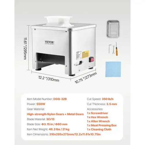 VEVOR Fleischschneidemaschine Fleischschneider 550 W 159 kg/h kommerzielle Fleischschneidemaschine aus Edelstahl (3,5 mm dick), elektrischer Lebensmittelschneider für Restaurant, Supermarkt – Bild 6