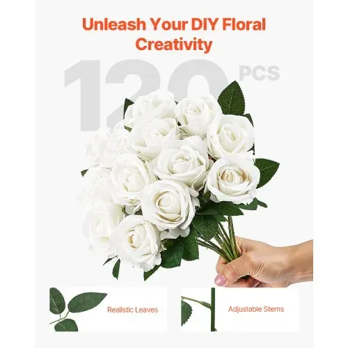 VEVOR Künstliche Blumen Rosen, 120 Stück Kunstblumen, Weiße Gefälschte Rose mit Stielen, Schaumrosen für DIY Hochzeit Blumensträuße Braut Valentinstag Muttertag Zuhause Dekoration – Bild 3