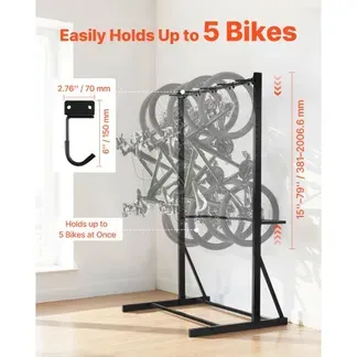 VEVOR Fahrradständer für 5 Fahrräder, Fahrradhalter mit 5 Hochleistungshaken, aus Karbonstahl, 136 kg Tragkraft, vertikaler Fahrradbodenständer für Garage, Wohnzimmer, Innenschuppen VEVOR Fahrradständer für 5 Fahrräder, Fahrradhalter mit 5 Hochleistungshaken, aus Karbonstahl, 136 kg Tragkraft, vertikaler Fahrradbodenständer für Garage, Wohnzimmer, Innenschuppen