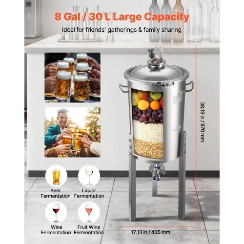 VEVOR konischer Gärbehälter Edelstahl 30 L Gärtank für Heimbrauen, Gärkessel mit konischem Boden & Verlängerungsbeinen & Deckel & Griff & Thermometer, Gärfass für Wein- und Biergärung – Bild 4
