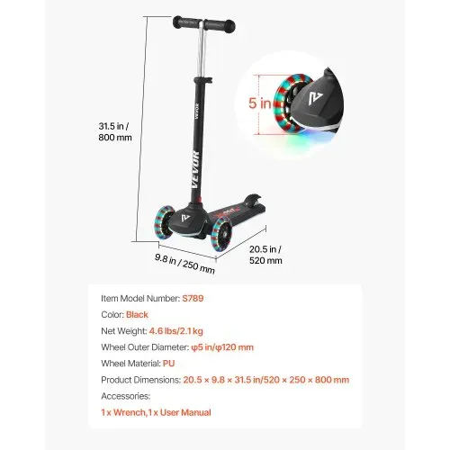 VEVOR Scooter (3 Räder) ab 3 Jahren, Cityroller Kinderroller mit leuchtenden Rädern & höhenverstellbarem Lenker & rutschfestem Deck & leichtem Aluminiumrahmen, Tretroller bis zu 75 kg, Schwarz – Bild 6