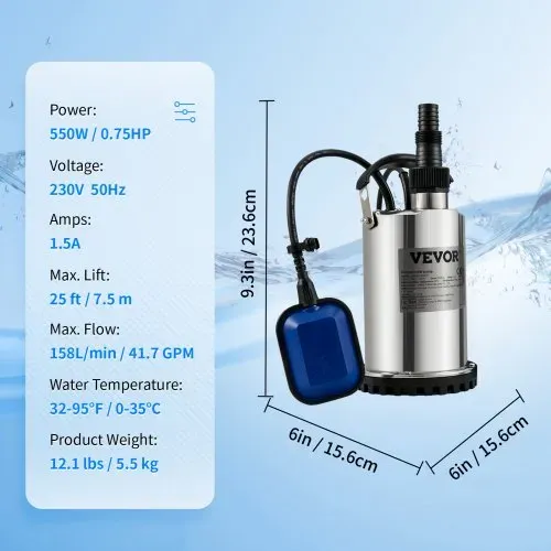 VEVOR Schmutzwasserpumpe 550W Tauchpumpe 230V Gartenpumpe Durchfluss 9500L/h Schmutzwassertauchpumpe IPX8 Auslass zuschneidbar zum Pumpen von Wasser aus Schwimmbädern Teichen Kellern – Bild 6