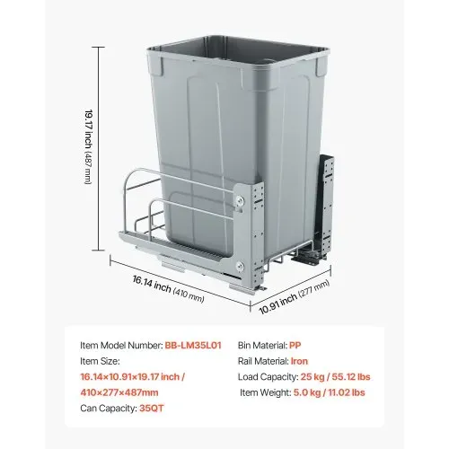 VEVOR ausziehbarer Mülleimer (35 Qt) für Küchenschränke, Unterbau-Abfallbehälter (30 kg belastbar) mit robustem Soft-Close-Schiebesystem aus Metall und Türsatz, für Spüle Unterbau – Bild 6