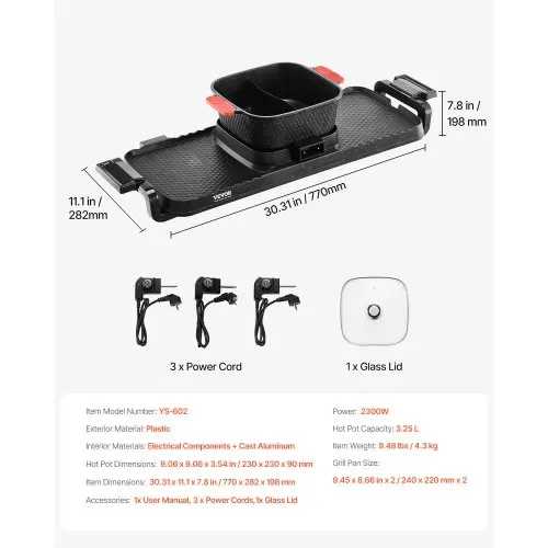 VEVOR Hot Pot 2300 W 2 in 1 elektrischer rauchfreier Grill abnehmbarer Shabu-Shabu-Topf mit Antihaft-Pfanne, separate doppelte Temperaturregelung, koreanischer Indoor BBQ Grill für 1–6 Personen – Bild 6