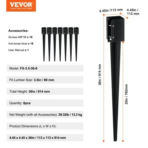 VEVOR Erdspieß für Zaunpfosten, 8er-Pack, 113 x 113 x 914 mm Außendurchmesser (Innendurchmesser 8,9 x 8,9 cm), Metall, schwarz pulverbeschichtet, Erdspieß für Briefkästen, Terrassen, Gartengeländer – Bild 6