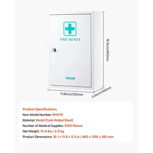 VEVOR Erste-Hilfe-Schrank mit 3 Ablagen, Medizinschrank 1000-teilig-Set, Wandmontierter Arzneischrank, OSHA & ANSI 2015 (Klasse A), Notfall-Medizinbox aus Metall, für Unternehmen und Baustelle – Bild 6