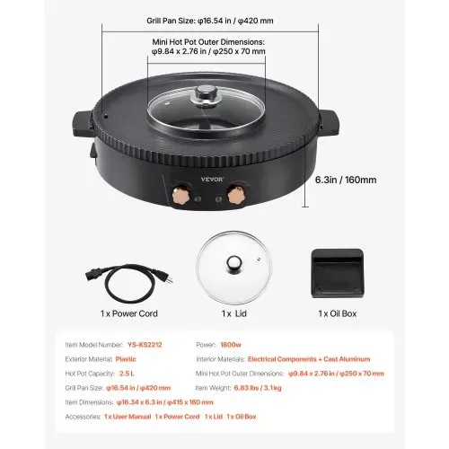 VEVOR Hot Pot mit Grill 1800 W 2 in 1 elektrischer rauchfreier Grill, koreanischer BBQ-Grill Feuertopf mit separater doppelter Temperaturregelung, antihaftbeschichtete Pfanne, für 2–8 Personen – Bild 6