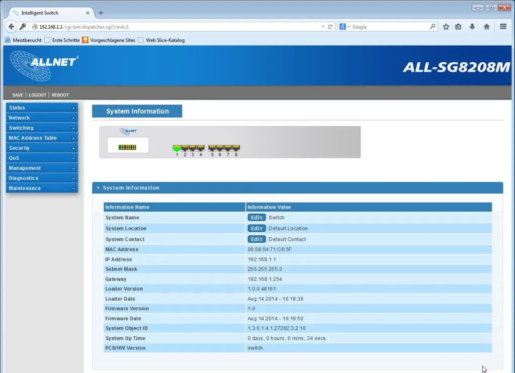 ALLNET Switch smart managed 8 Port Gigabit / 8x LAN / Lüfterlos / „ALL-SG8208M“ ALLNET Switch smart managed 8 Port Gigabit / 8x LAN / Lüfterlos / „ALL-SG8208M“