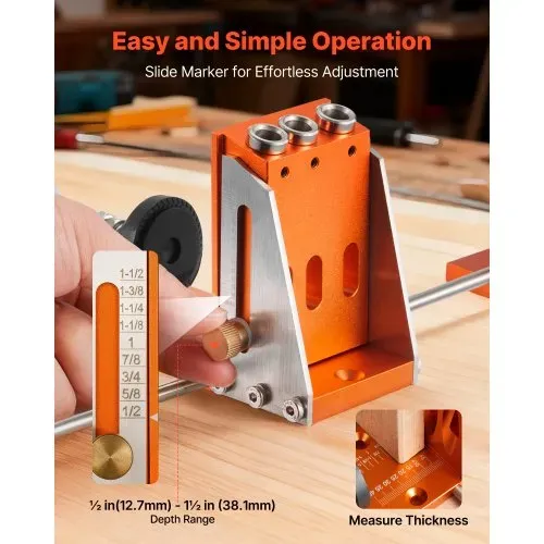 VEVOR Pocket Hole Jig Kit Taschenloch-Vorrichtungssatz 12,7-38,1 mm, Vorrichtungs-Taschenlochsystem mit Werkzeugkoffer C-Klemme Stufenbohrer Sechskantschlüssel Bohrstoppring Vierkant-Antriebsbit – Bild 2