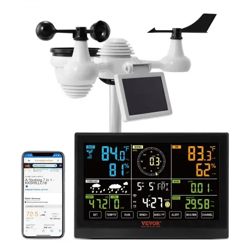 VEVOR Profi WLAN-Wetterstation 7 in 1 solarbetrieben Wettercenter 190,5 mm (7,5-inch) Display 150m Übertragungsreichweite Außensensor für Windgeschwindigkeit Windrichtung Temperatur Luftfeuchtigkeit Niederschlag VEVOR Profi WLAN-Wetterstation 7 in 1 solarbetrieben Wettercenter 190,5 mm (7,5-inch) Display 150m Übertragungsreichweite Außensensor für Windgeschwindigkeit Windrichtung Temperatur Luftfeuchtigkeit Niederschlag