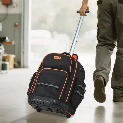 VEVOR Werkzeugrucksack mit Rollen, 50 kg Tragkraft, 45 Taschen, Werkzeugtasche, verstellbarer Teleskopgriff und stabile Basis, Arbeitsrucksack-Organizer für Bau und Mechanik, 440x250x480 mm – Bild 7