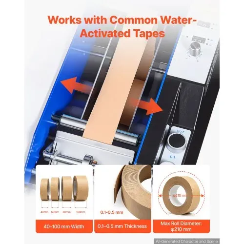 VEVOR Wasseraktivierter Klebebandspender mit 100–995mm Schnittlänge 220V, Automatischer Klebebandschneider für Nassklebeband, Verpackung & Lagerung, 40-100mm Bandbreite, mit 1,3kg Wassertank, Blau – Bild 4