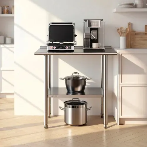 VEVOR Edelstahltisch Gastro 915 x 610 x 894 mm, Verstellbarer Edelstahltisch mit Aufkantung,Arbeitstisch mit Grundboden für Restaurant Schwerlast Obere Ablage (227 kg) Untere Ablage (191 kg) – Bild 7