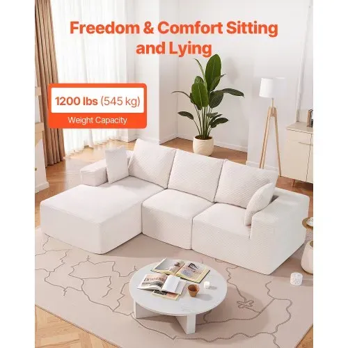 VEVOR Modulares Sofa L-förmiges Ecksofa Schlafsofa mit hochelastischem Schaumstoff & hoher Dichte, gepolstertes Cordsofa (545 kg belastbar / 265 cm lang) mit Kissen für Wohnzimmer Apartment Beige – Bild 5