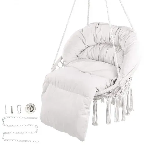 VEVOR Hängesessel, 150 kg Tragkraft, Makramee-Hängesessel mit Kissen und Befestigungsmaterial, Schaukelstuhl aus Baumwollseil für Schlafzimmer, Balkon, Terrasse, Garten, Beige – Bild 8